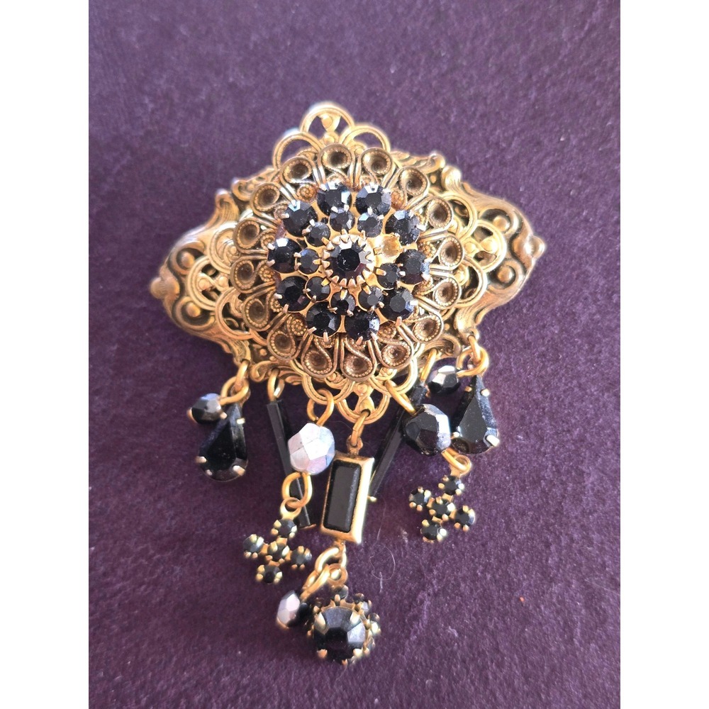 Ann Cichon Dallas Vintage Gold Filigree Black Rhinestone Dangle Statement Brooch
